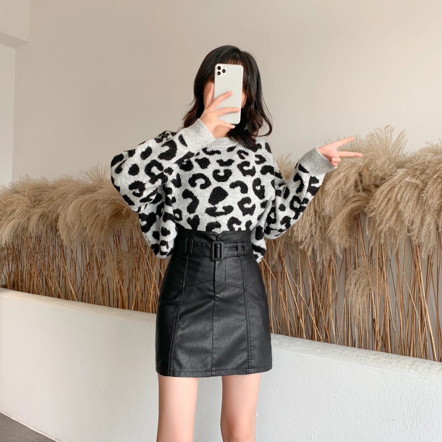 Washed PU Leather Slim High-Waist Belt Mini Skirt