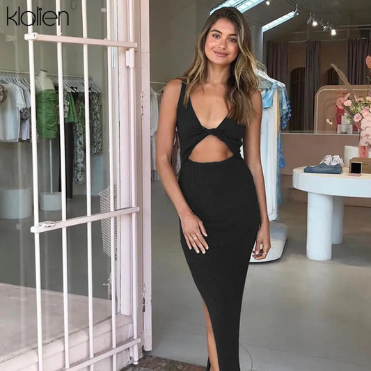 KlaLien Backless Fashion Simple Black Rib Knitting Maxi Dress