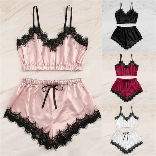 Lace Pyjama Set - V-Neck Sleeveless Hollow-Out Cami Top +  Shorts