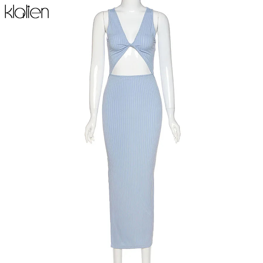 KlaLien Backless Fashion Simple Black Rib Knitting Maxi Dress