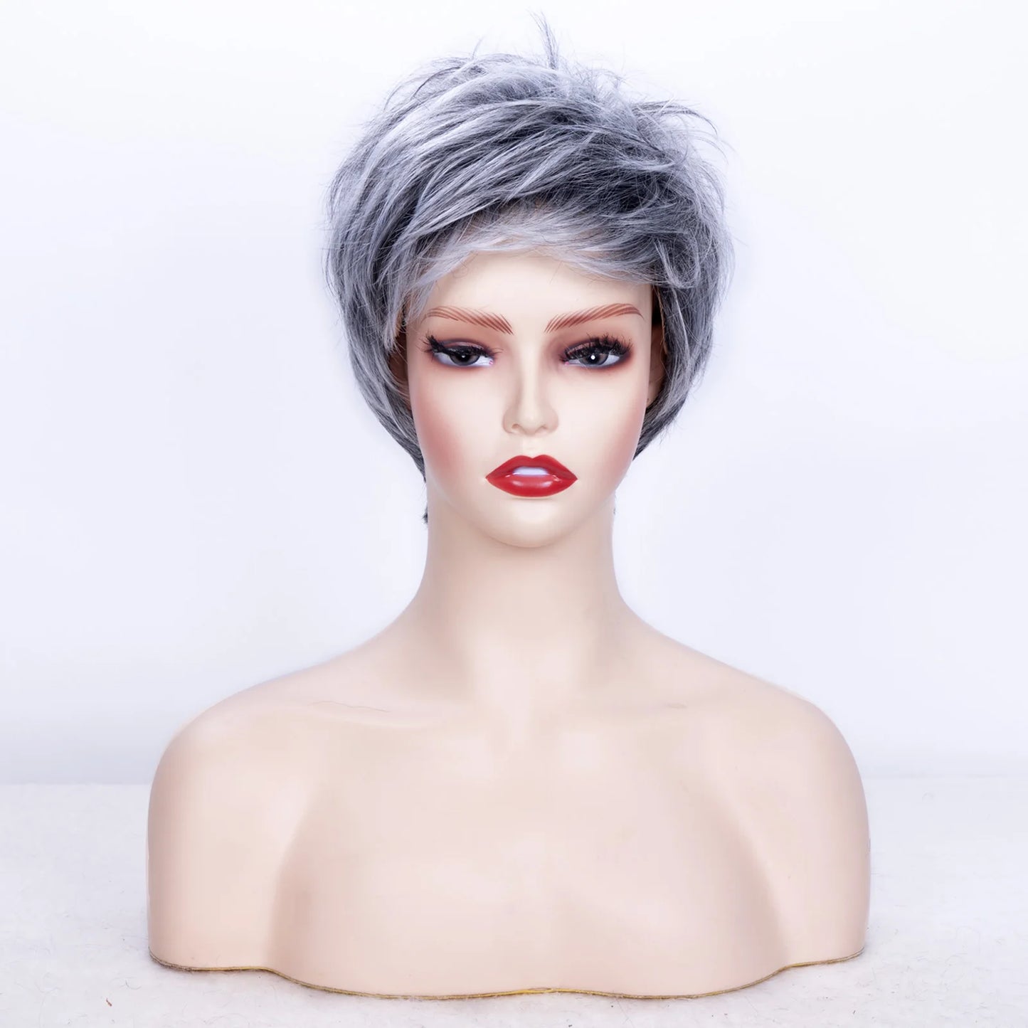 Women‘s Fashion Short Wigs with Bangs Pixie Cut Soft Straight Wigs Brown Synthetic Hair Wig Costume Party Wig for Women