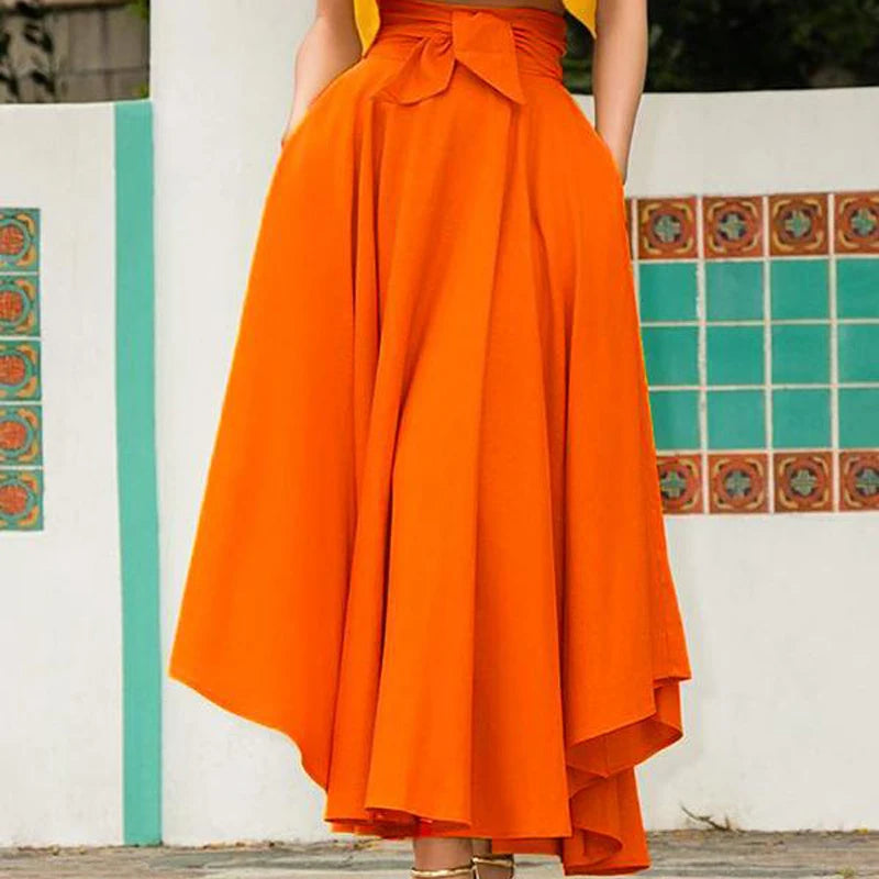 Solid-Colour High-Waist A-Line Pleated Bow-Belt Flared Skirt