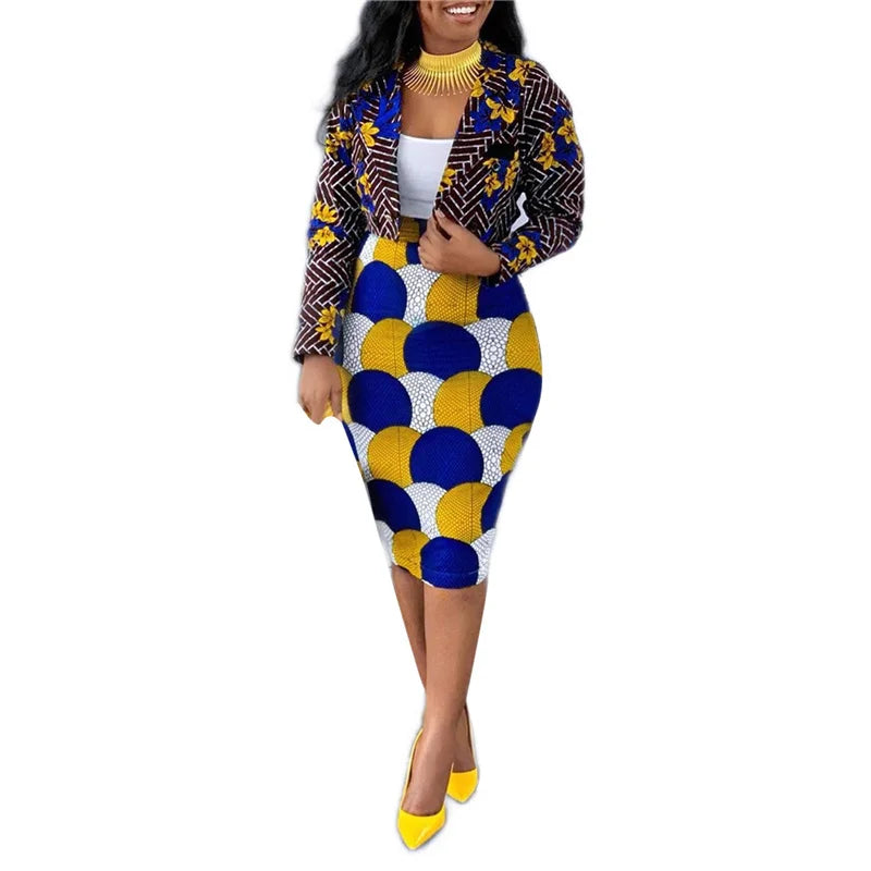 Two-Piece Goocheer Multicolour Women's Print Lapel Long-Sleeve  -Jacket + High-Waist Knee-Dress