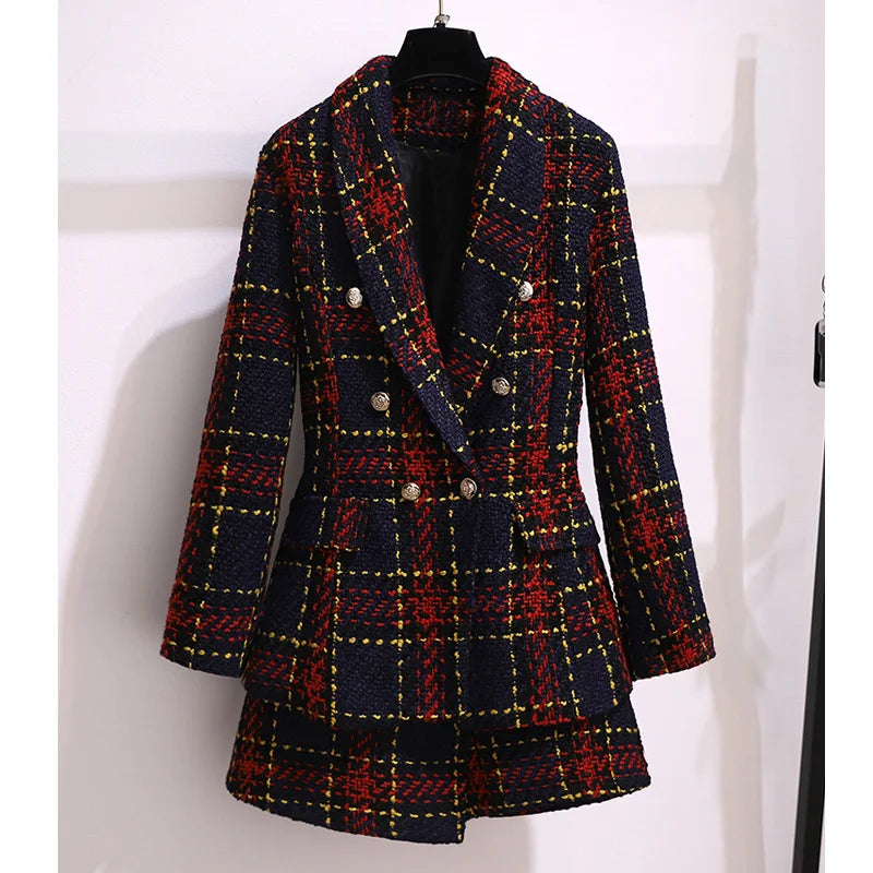 Women Elegant Tweed Suit Blazer Jacket Coat Top And Culottes Short Skirt Two Piece Set Outfit Winter Work Jacquard Office Clothg