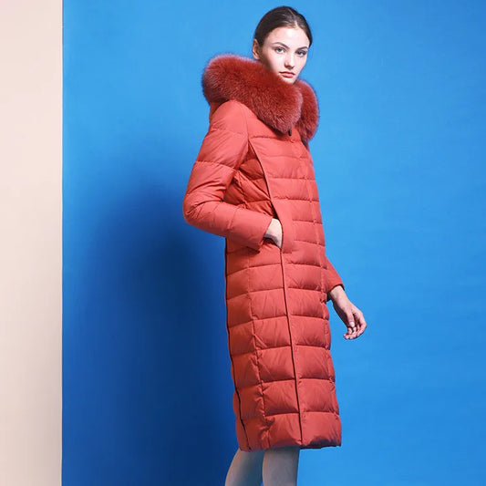 Women's Hooded Natural Fox Fur Duck Down Winter Jacket