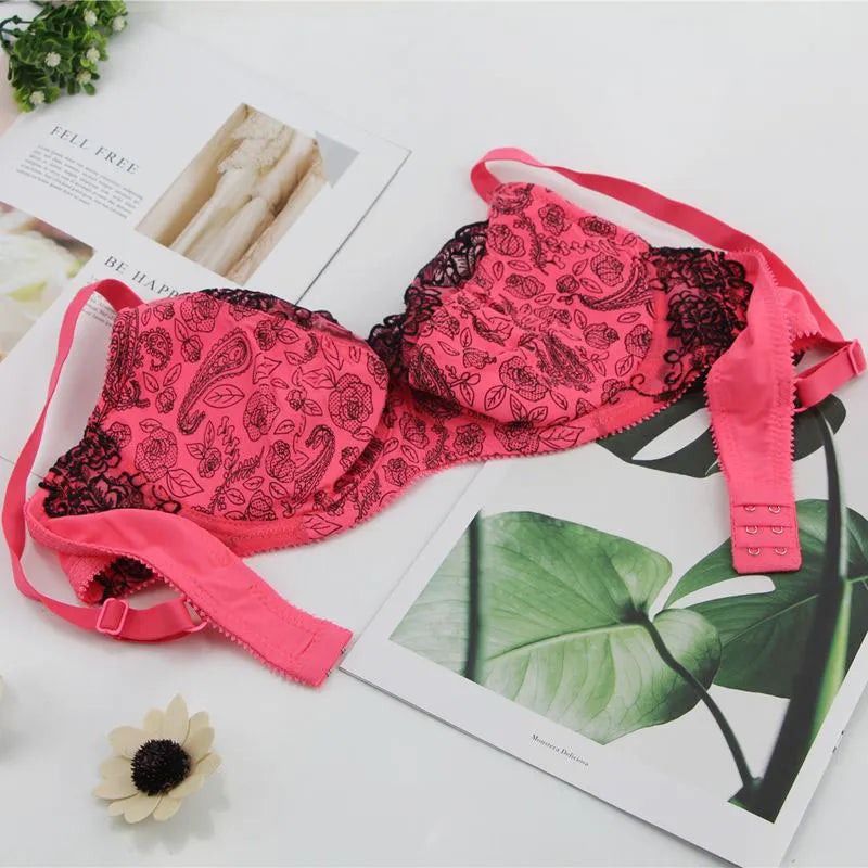 Sexy Lace Lingerie Print Bow Decorative Push-Up Bra Set