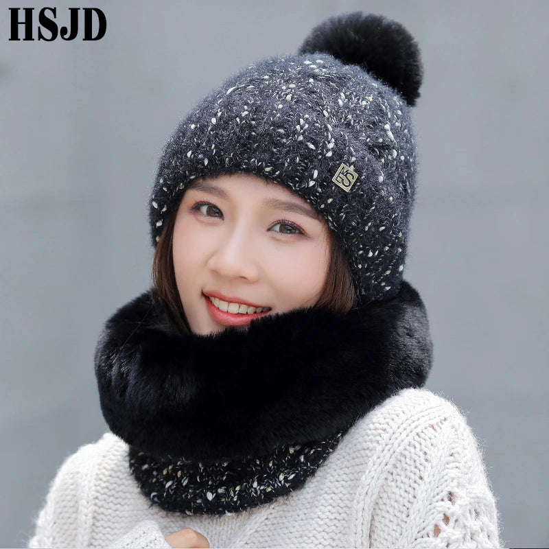 Snowflake Dots Knitted Hat & Mink Plush Scarf - 2Pcs Set