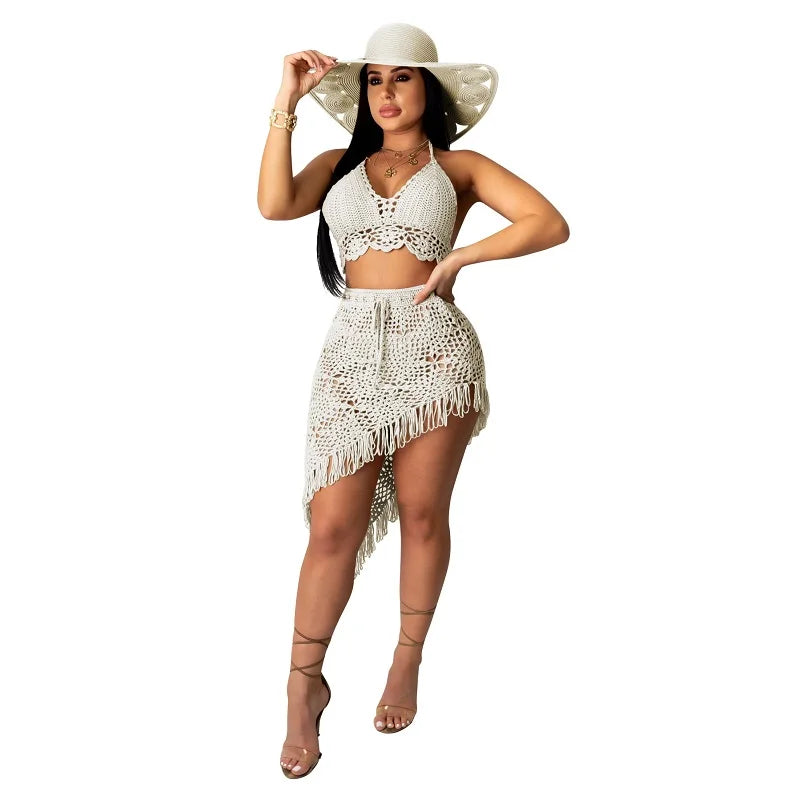 Beach Cover-Up Crop Top + irregular Tassel Mini Skirt