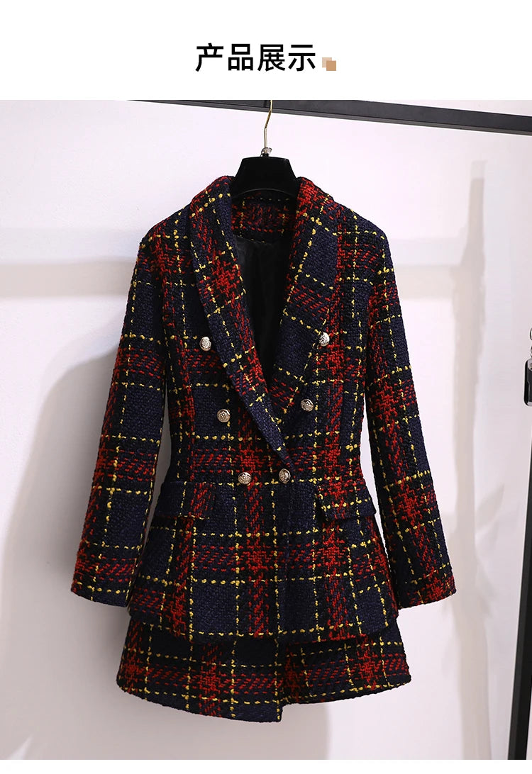 Women Elegant Tweed Suit Blazer Jacket Coat Top And Culottes Short Skirt Two Piece Set Outfit Winter Work Jacquard Office Clothg