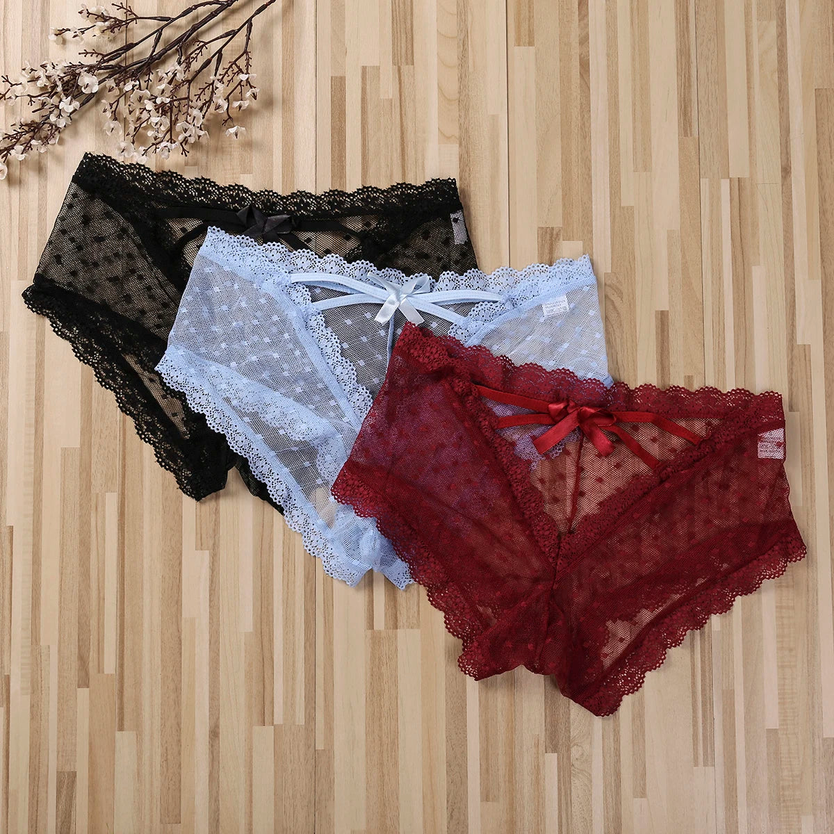 Womens Cage Back Panties Sexy Lace Mesh Back Hole Perspective Wave Shape Bow Underwear Ladies Briefs S-XL Charming Fashion