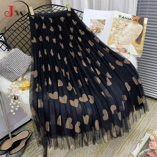 High-Waist Mesh Long Printed Elegant A-Line Pleated Skirt