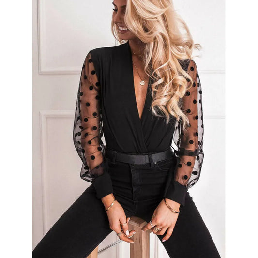 Deep V-Neck Transparent Polka Dot Mesh Blouse