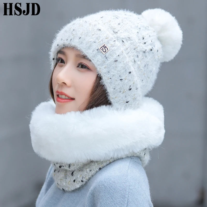 Snowflake Dots Knitted Hat & Mink Plush Scarf - 2Pcs Set