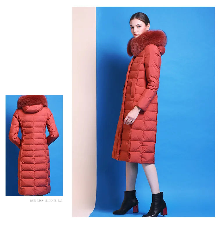 Women's Hooded Natural Fox Fur Duck Down Winter Jacket