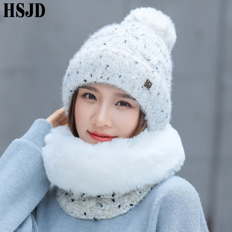 Snowflake Dots Knitted Hat & Mink Plush Scarf - 2Pcs Set