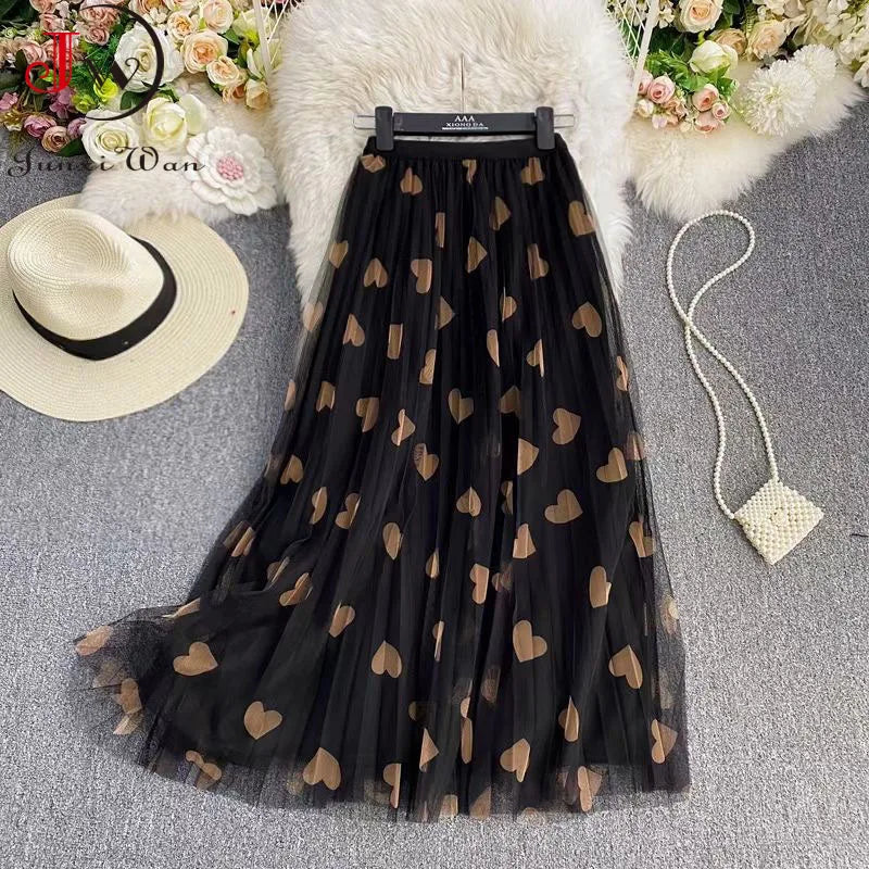 High-Waist Mesh Long Printed Elegant A-Line Pleated Skirt