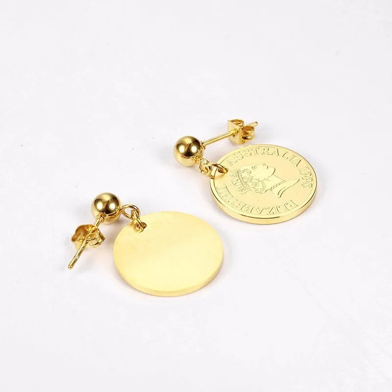 Stainless Steel Round Queen Elizabeth Gold Coin Hanging Earrings