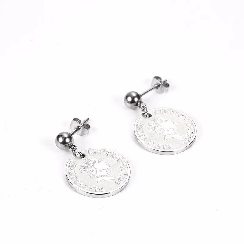 Stainless Steel Round Queen Elizabeth Gold Coin Hanging Earrings