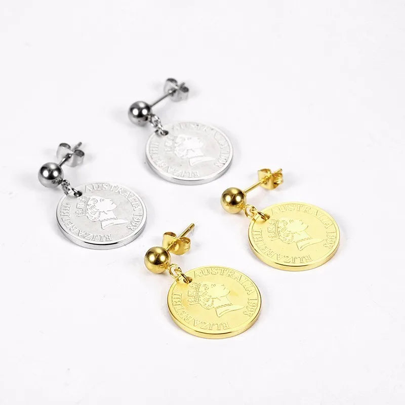 Stainless Steel Round Queen Elizabeth Gold Coin Hanging Earrings