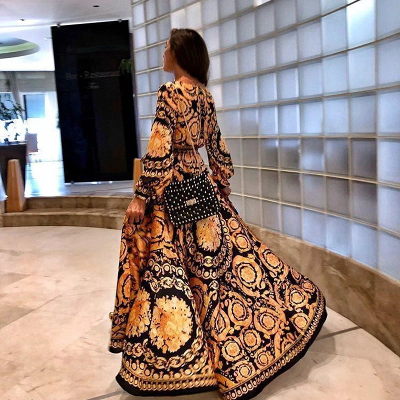 Boho Floral Long Sleeves Maxi Front Split Long Dress