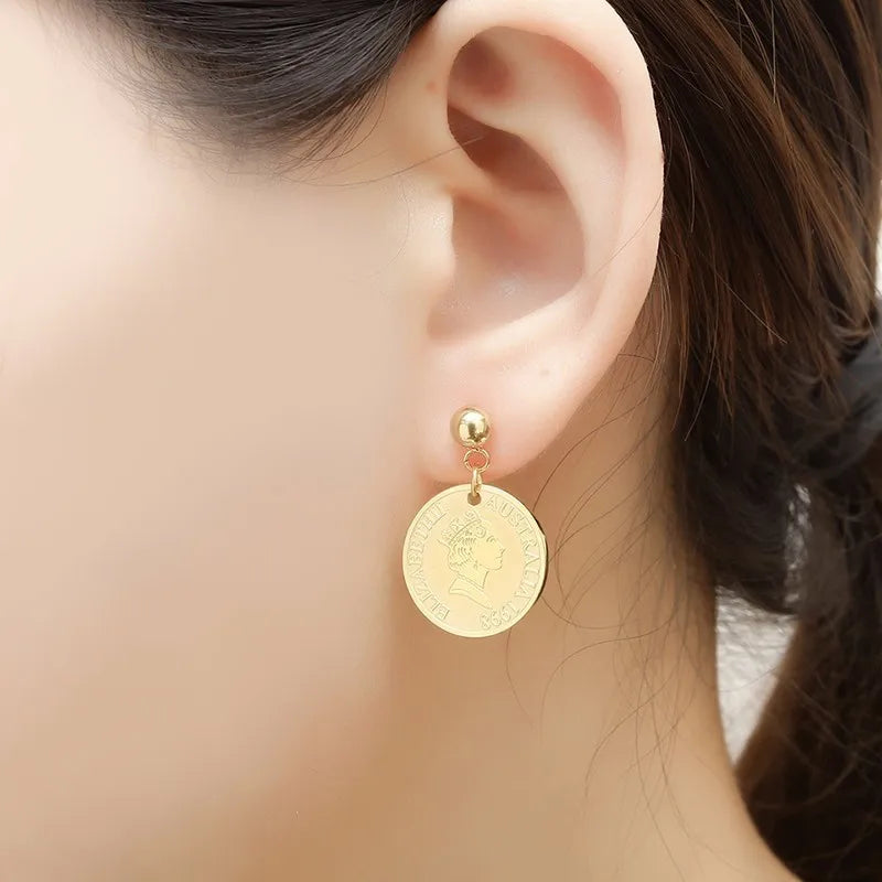 Stainless Steel Round Queen Elizabeth Gold Coin Hanging Earrings