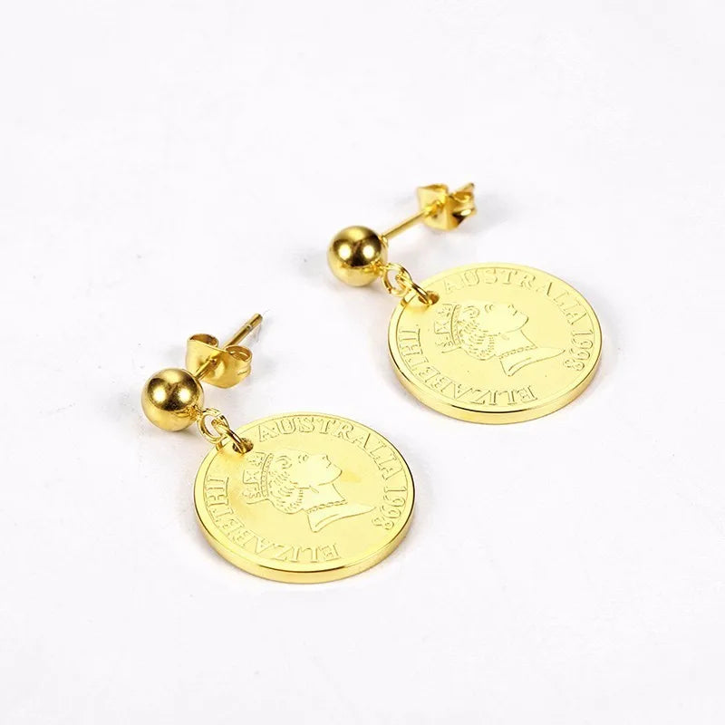 Stainless Steel Round Queen Elizabeth Gold Coin Hanging Earrings