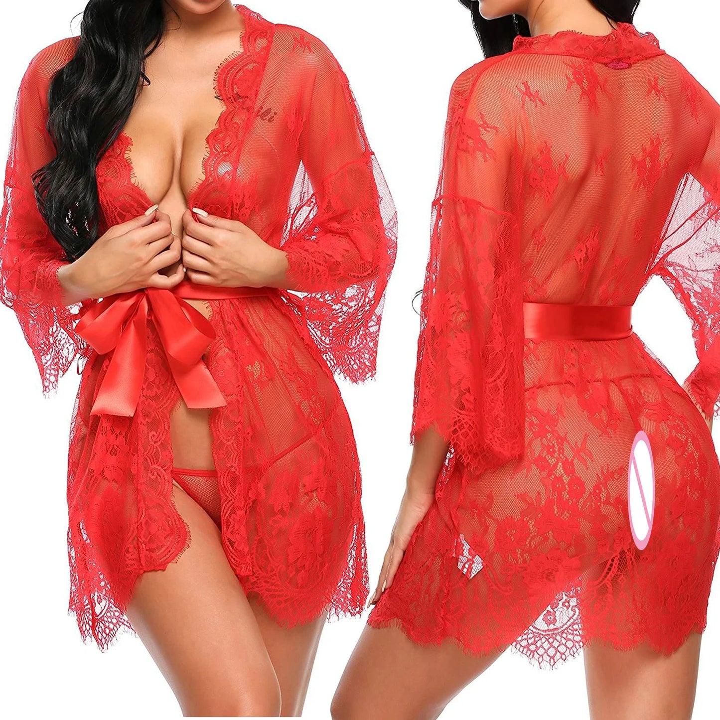 Sexy Lace Bandage Deep V G-String See-Through Nightdress