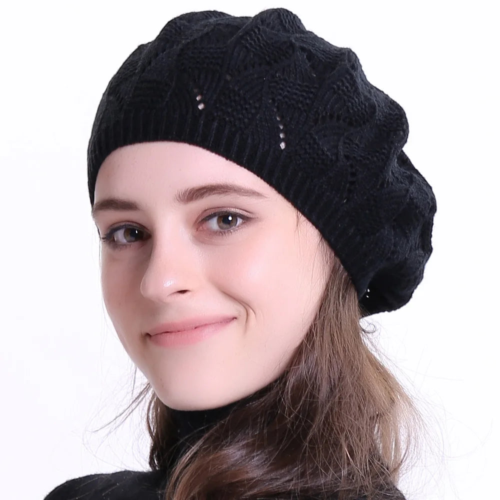 Plain-Colour Knit Beret Hat For Women