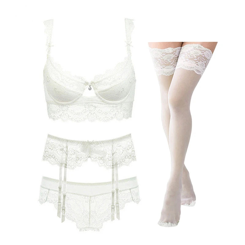 Floral Lace Push-Up Lingerie Set - Bra+Panties+Garter+Stockings