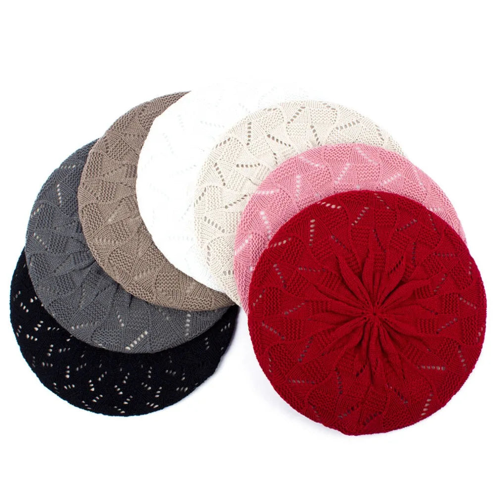 Plain-Colour Knit Beret Hat For Women