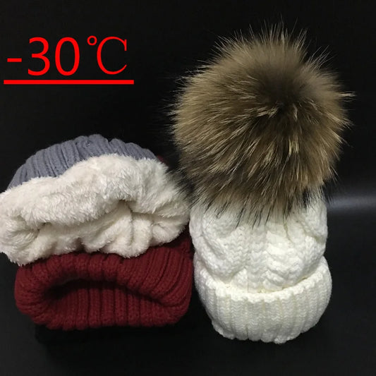 Raccoon Fur Pompom Hat For Women