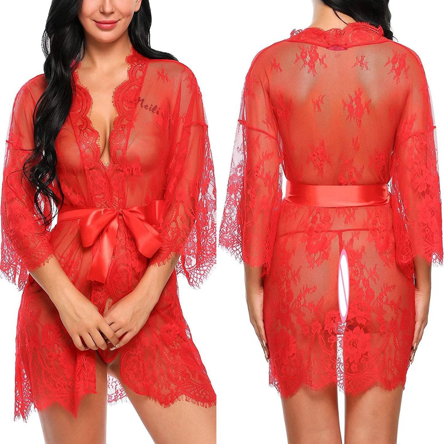 Sexy Lace Bandage Deep V G-String See-Through Nightdress