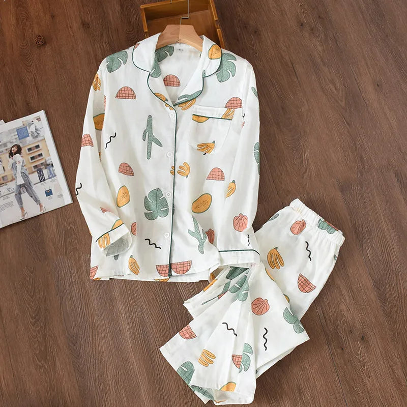 Button-Down Long-Sleeve Pyjama Set - 100% Cotton Gauze