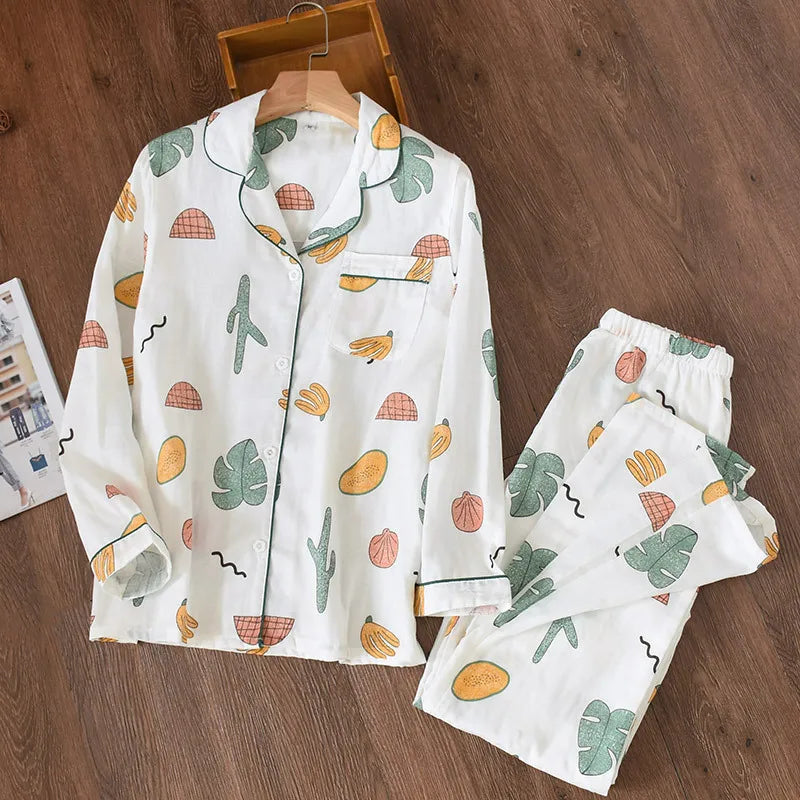 Button-Down Long-Sleeve Pyjama Set - 100% Cotton Gauze