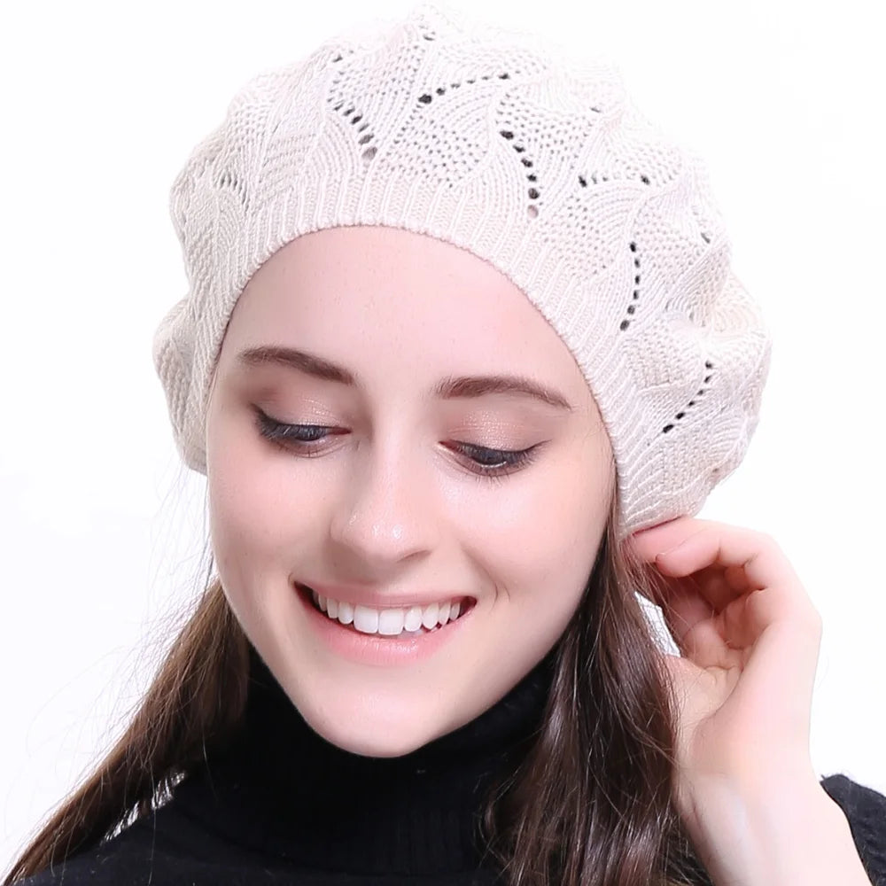 Plain-Colour Knit Beret Hat For Women