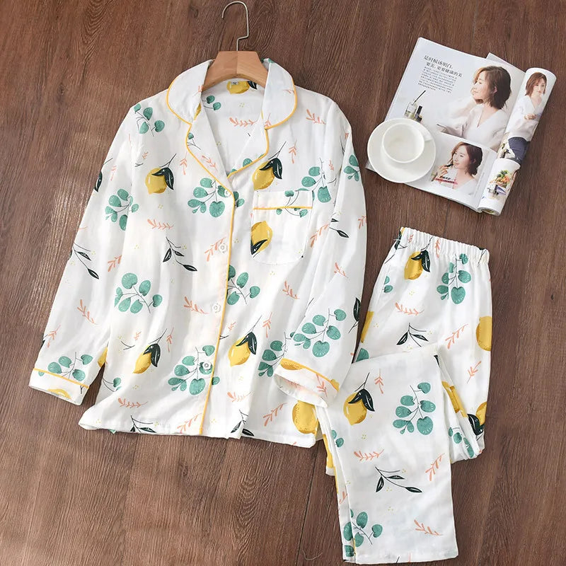 Button-Down Long-Sleeve Pyjama Set - 100% Cotton Gauze