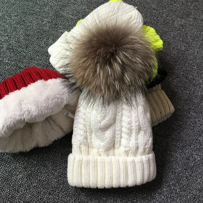 Raccoon Fur Pompom Hat For Women