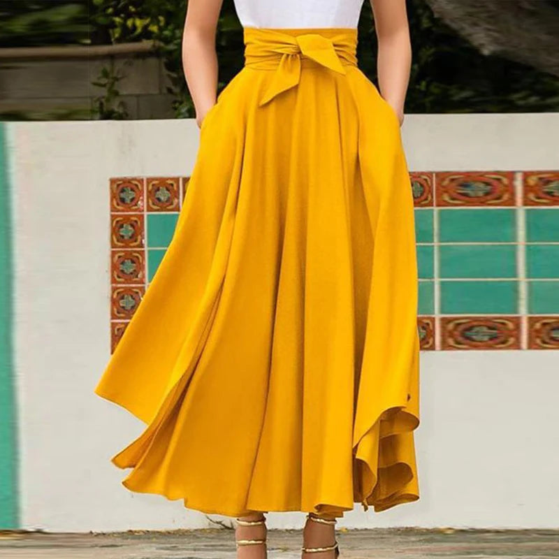 Solid-Colour High-Waist A-Line Pleated Bow-Belt Flared Skirt