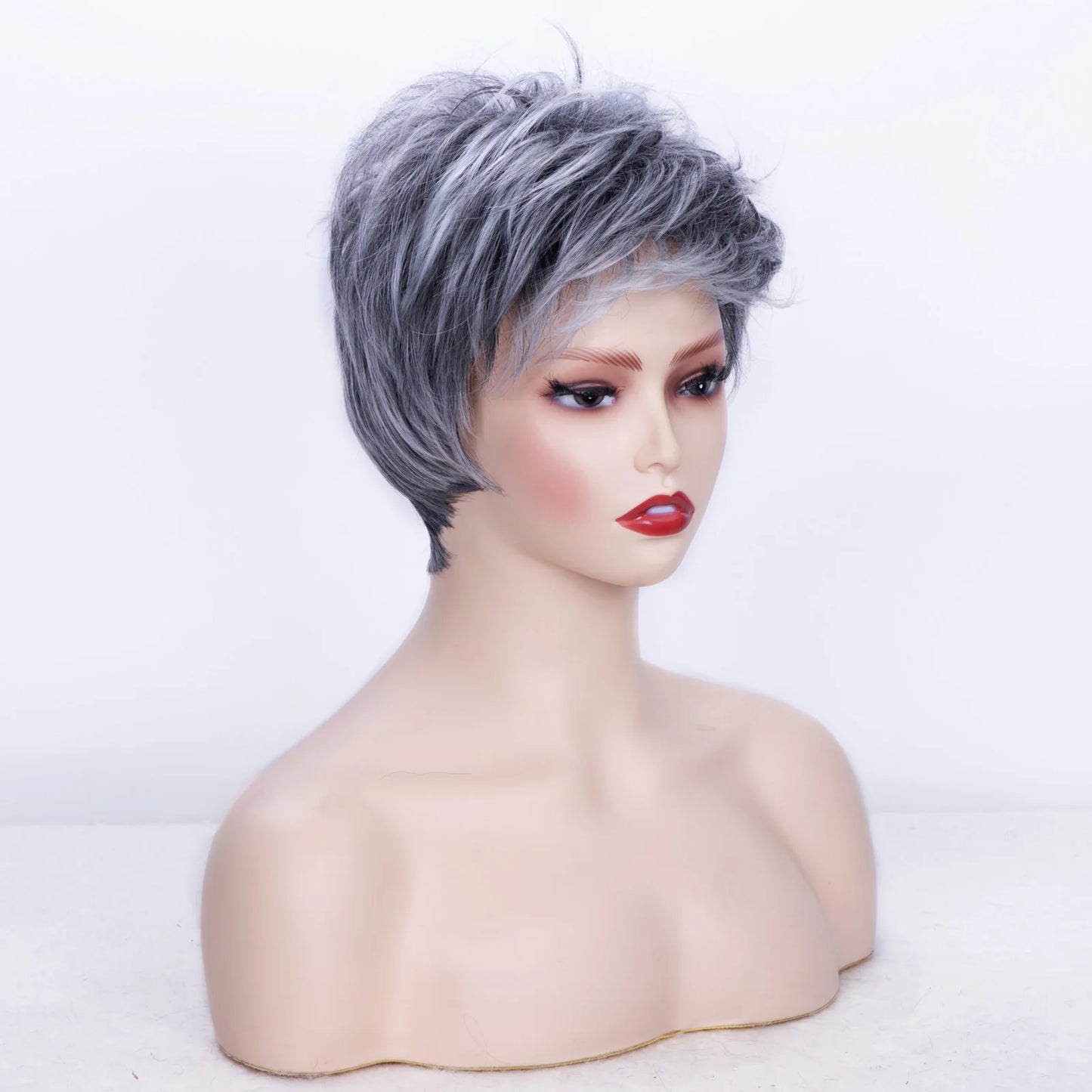 Women‘s Fashion Short Wigs with Bangs Pixie Cut Soft Straight Wigs Brown Synthetic Hair Wig Costume Party Wig for Women