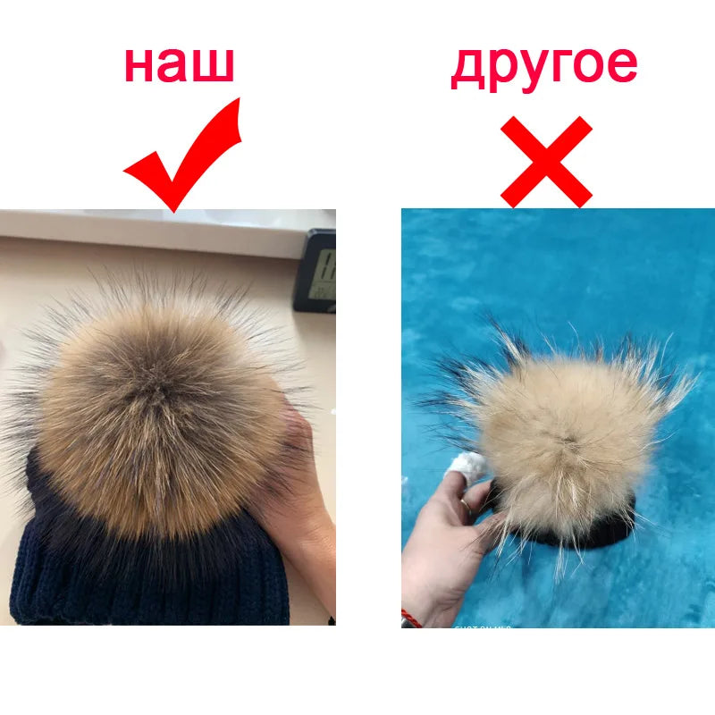 Raccoon Fur Pompom Hat For Women