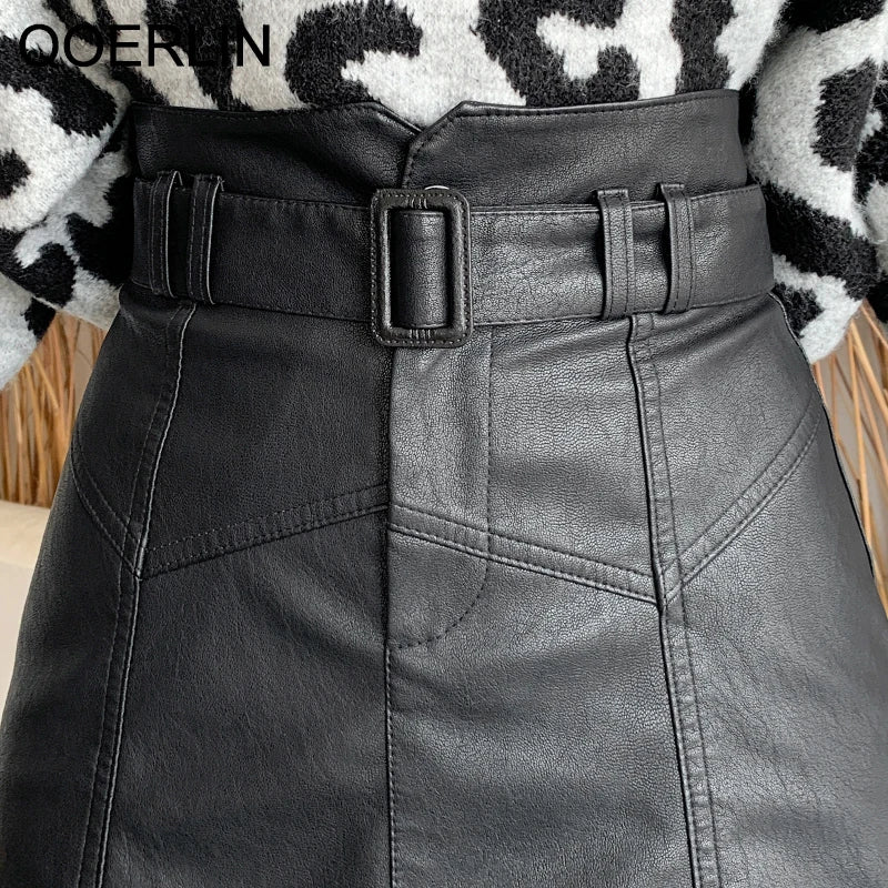 Washed PU Leather Slim High-Waist Belt Mini Skirt