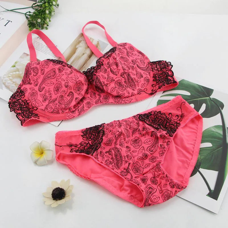 Sexy Lace Lingerie Print Bow Decorative Push-Up Bra Set