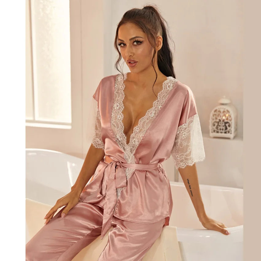 Contrast Lace Scallop Trim Belted Satin Top & Long Pants - Women's Sleepwear