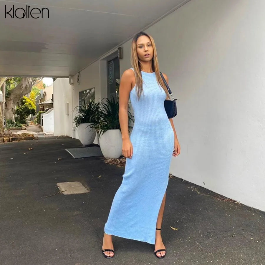 KlaLien Backless Fashion Simple Black Rib Knitting Maxi Dress
