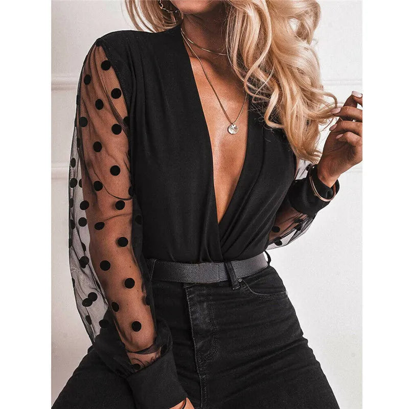 Deep V-Neck Transparent Polka Dot Mesh Blouse