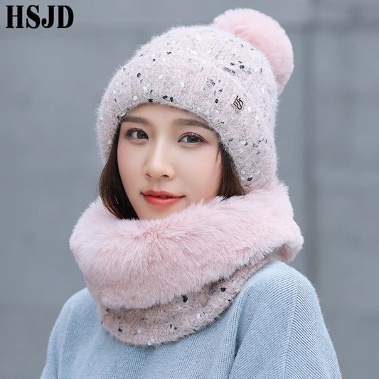 Snowflake Dots Knitted Hat & Mink Plush Scarf - 2Pcs Set