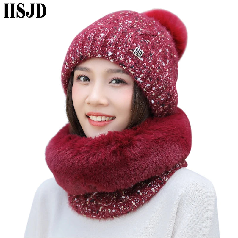 Snowflake Dots Knitted Hat & Mink Plush Scarf - 2Pcs Set