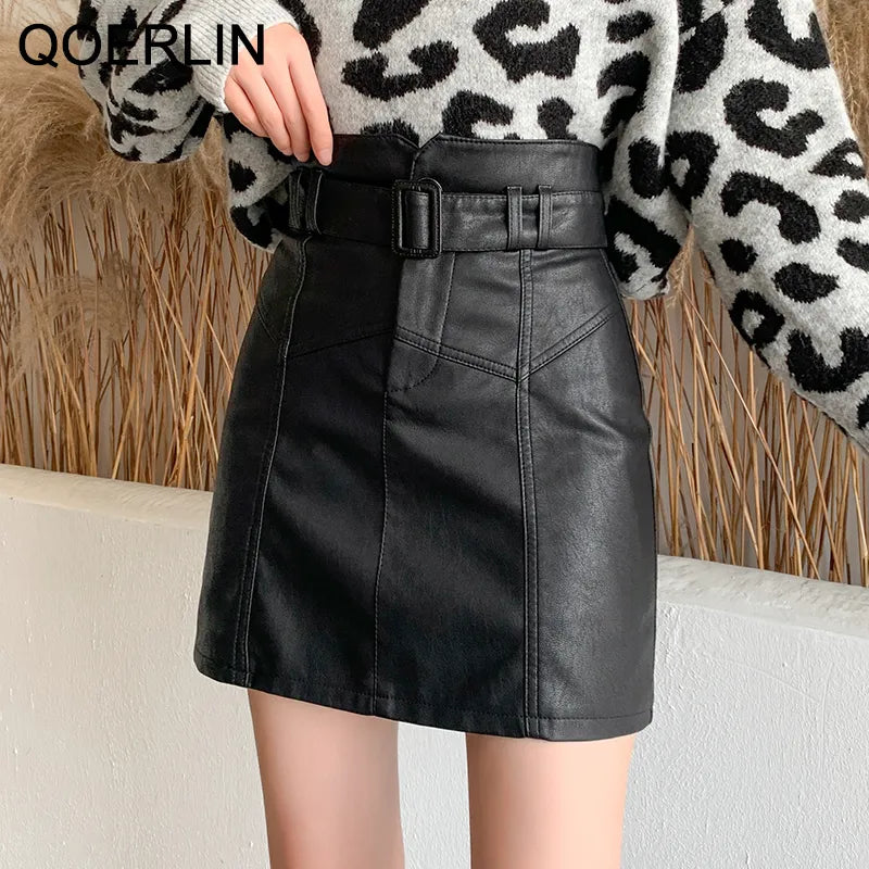 Washed PU Leather Slim High-Waist Belt Mini Skirt