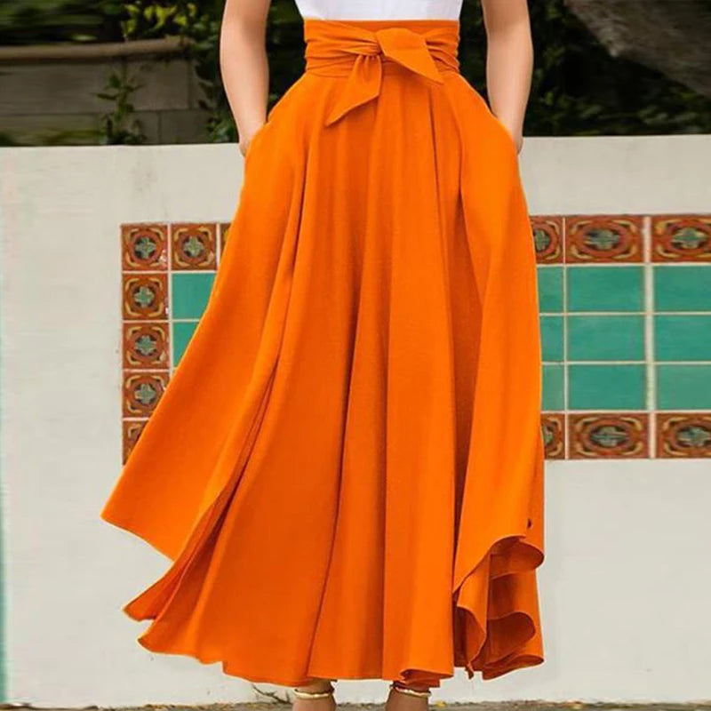 Solid-Colour High-Waist A-Line Pleated Bow-Belt Flared Skirt