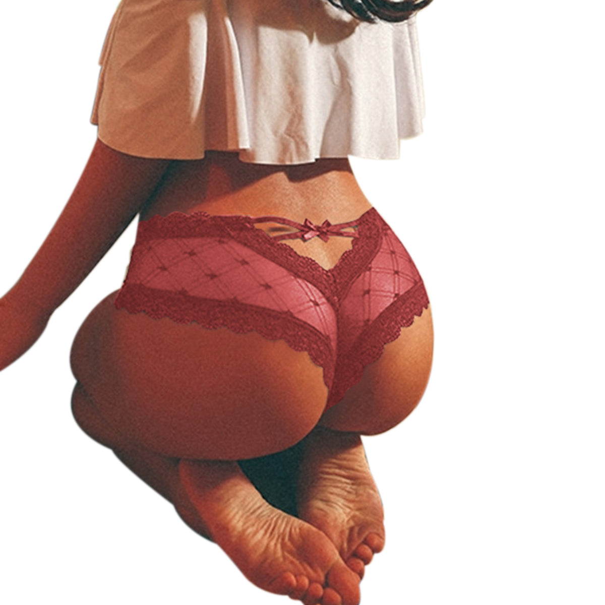 Womens Cage Back Panties Sexy Lace Mesh Back Hole Perspective Wave Shape Bow Underwear Ladies Briefs S-XL Charming Fashion